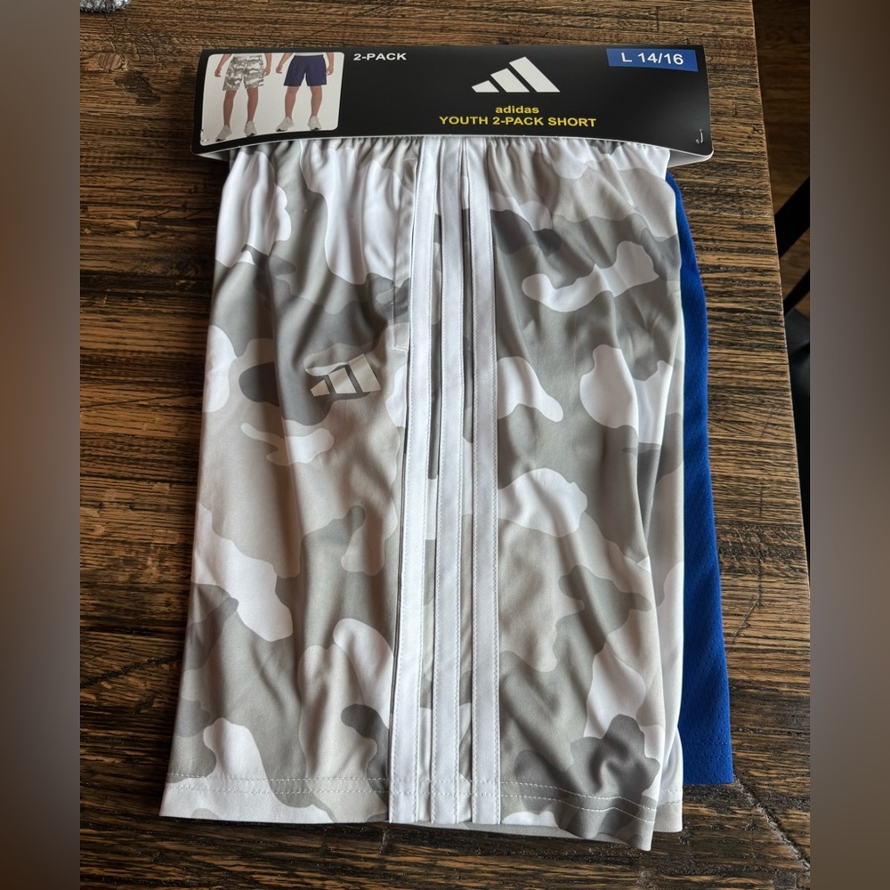 NWT. adidas Youth 2-Pack Athletic Shorts — Gray Camo & Blue